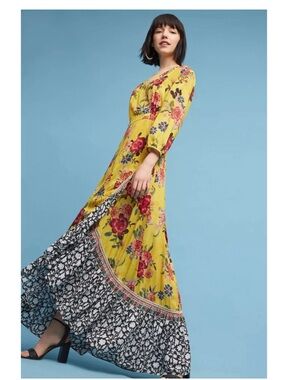 FARM Rio Yellow Floral Wrap Maxi Dress with Black Contrast Ruffle